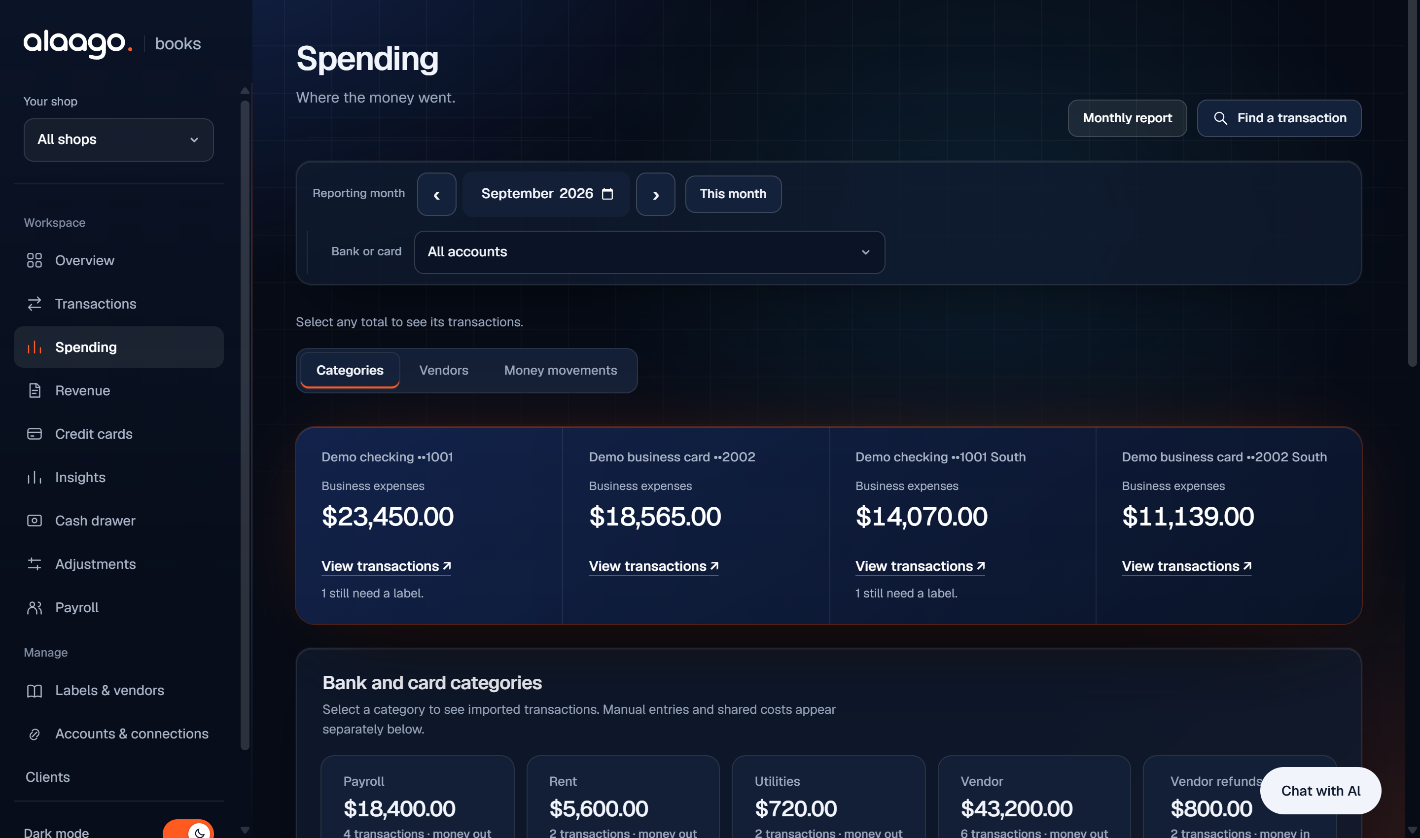 Alaago Books Spending screen shown with sample data.
